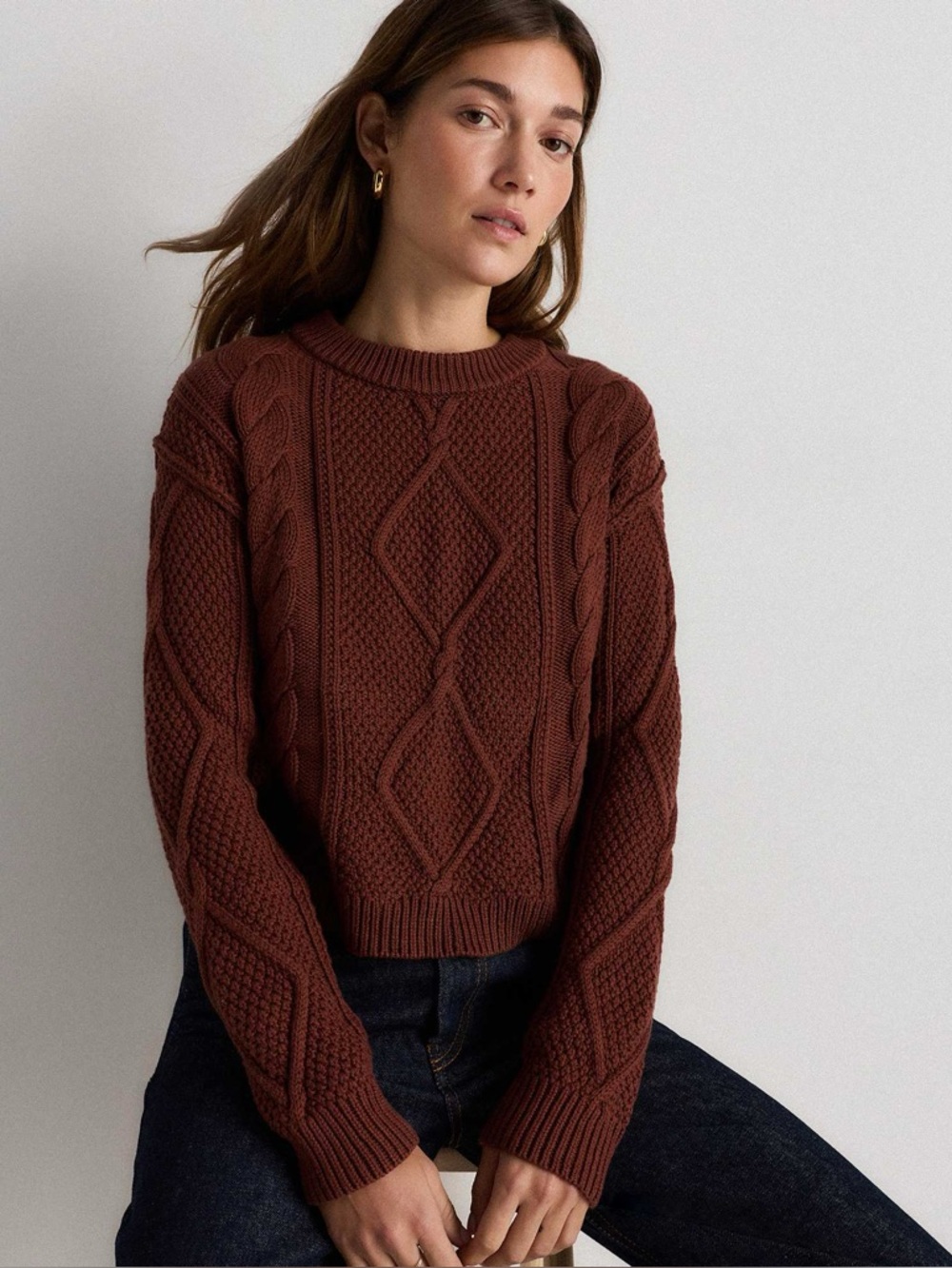 100% Organic Cotton Cropped Cable Crew Swearer in Redwood Brown NWOT